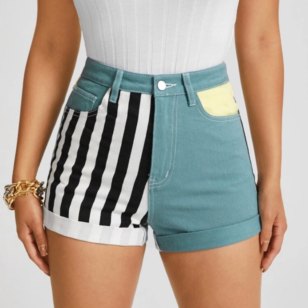 Stripe & Color-block Denim Shorts